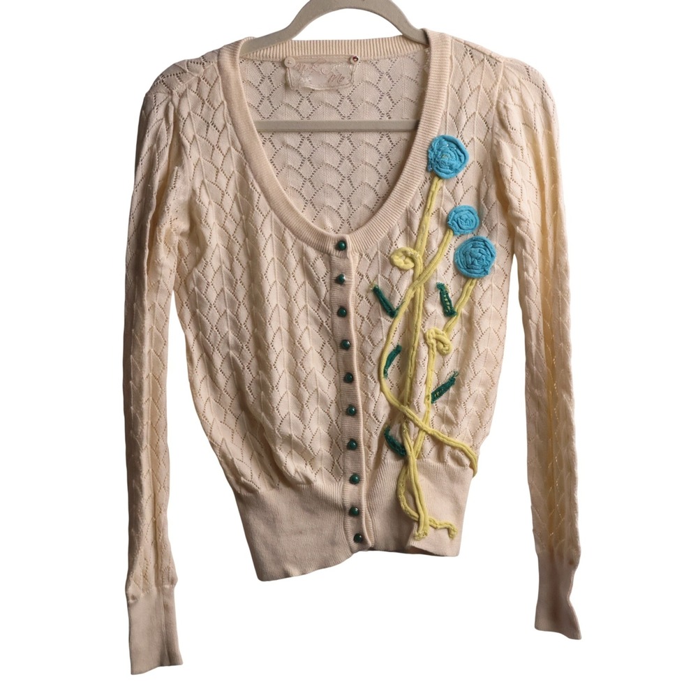 Nick & Mo Cream Pointelle Knit‎ Cardigan Blue Floral Embroidery Twee Cottage Gma